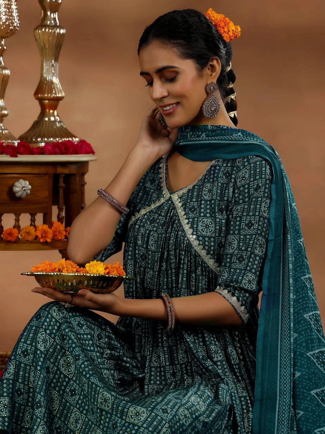  Blue Printed Silk Blend A-Line Kurta With Palazzos & Dupatta 