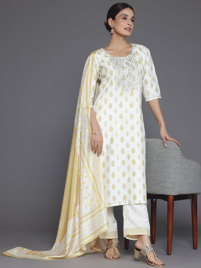 Off White Printed Silk Blend Straight Suit With Dupatta - Libas
