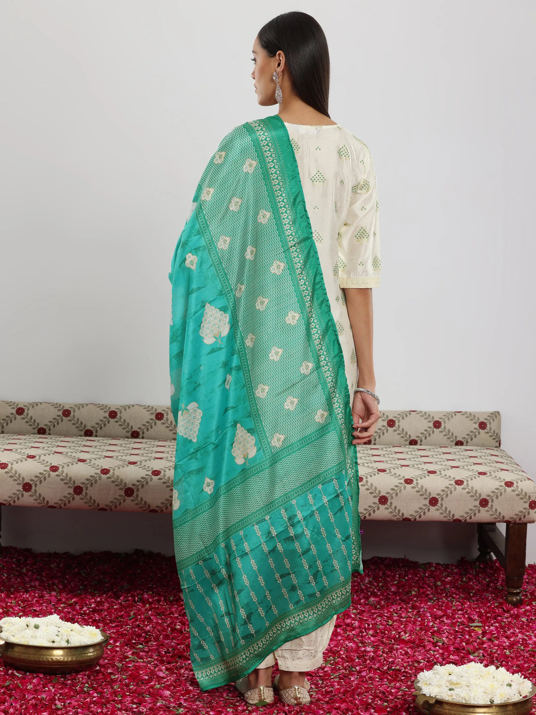  Off White Printed Silk Blend Straight Suit With Dupatta 