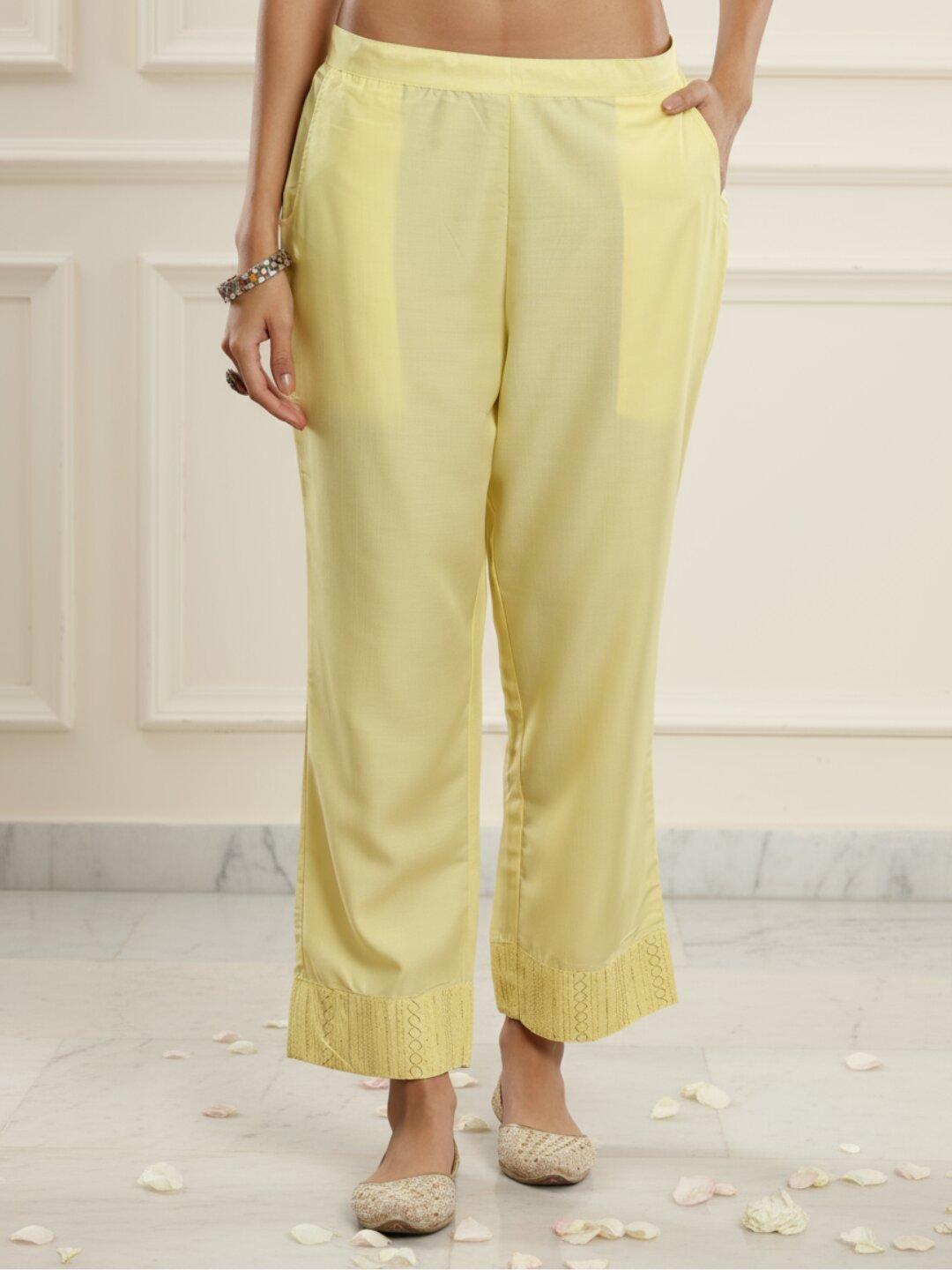  Yellow Self Design Silk Blend Straight Suit With Dupatta 