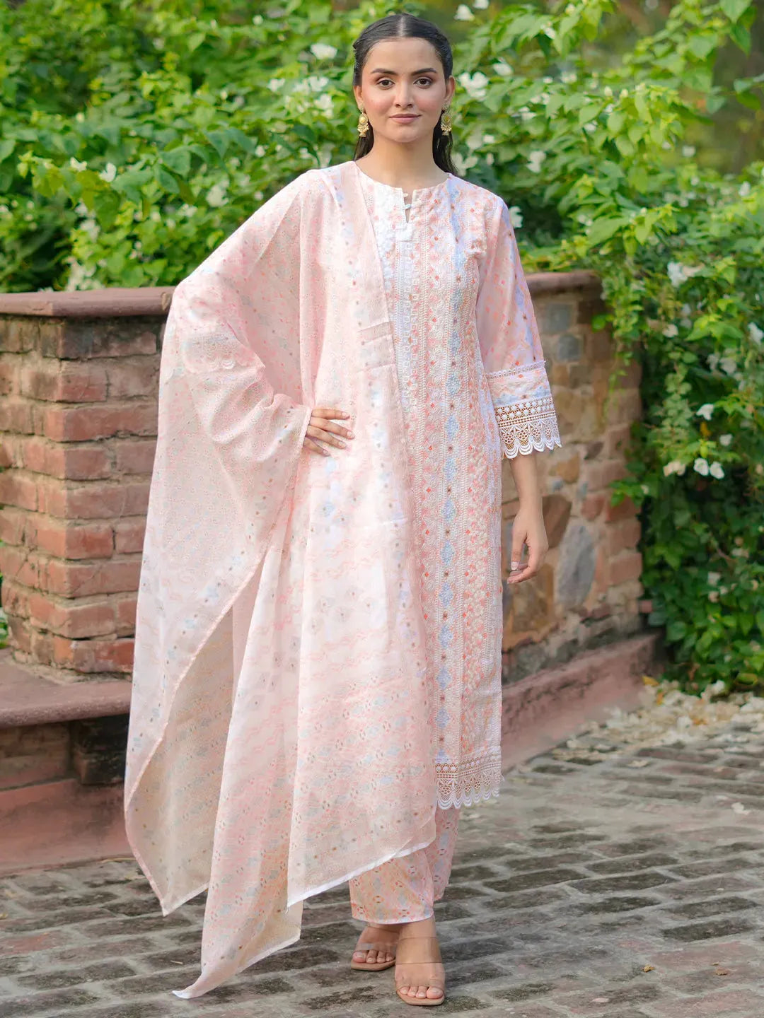 Peach & Multicoloured Cotton self Embroidered & Sequins Work Semi Formal Suit with Beautiful Duppata main image 1