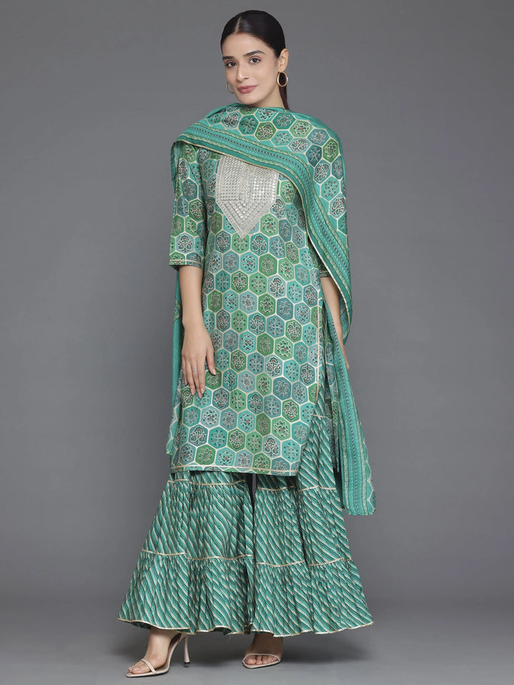 Green Printed Silk Blend Straight Suit With Dupatta - Libas