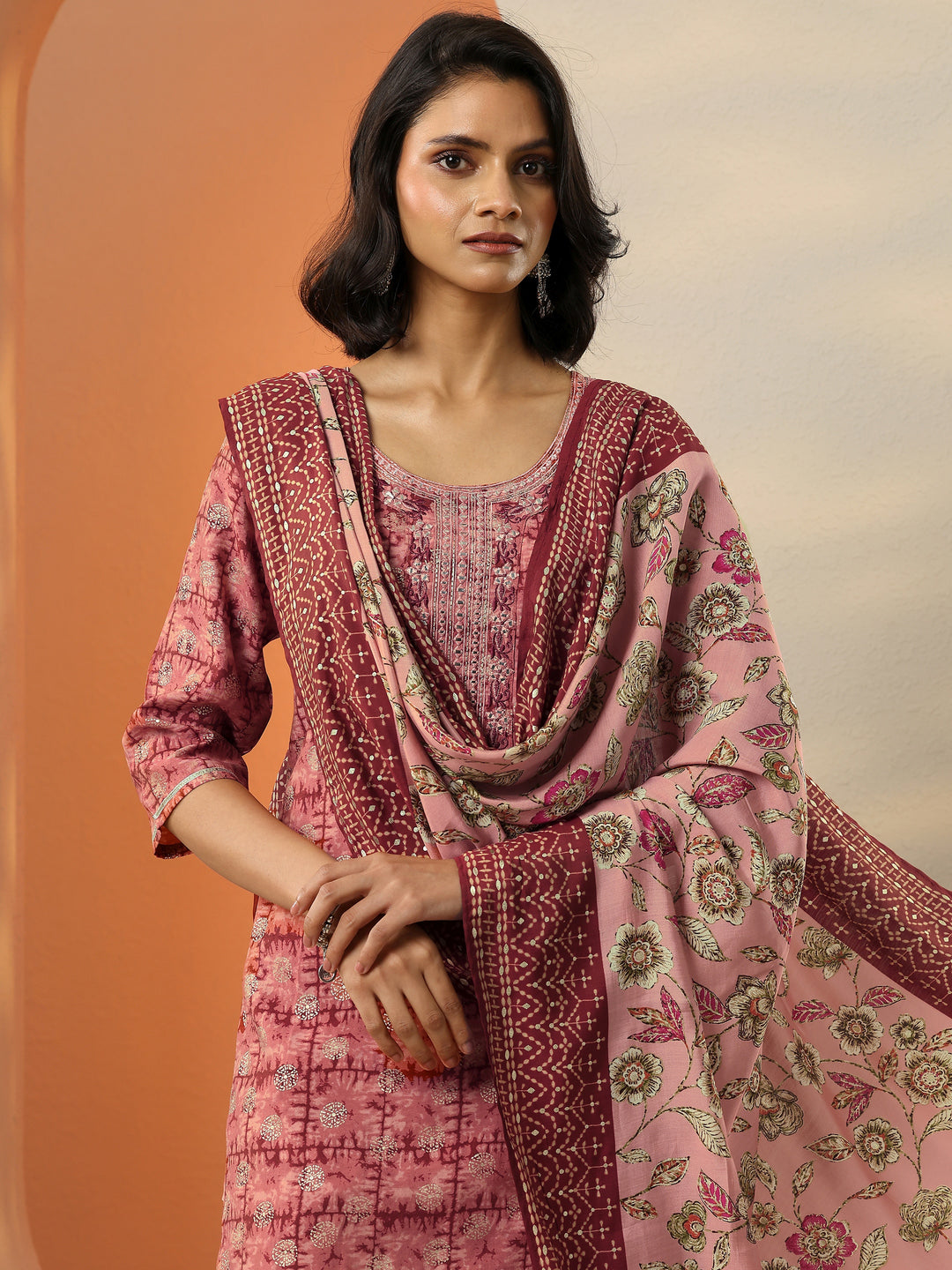  Maroon Printed Silk Blend Straight Suit With Dupatta 