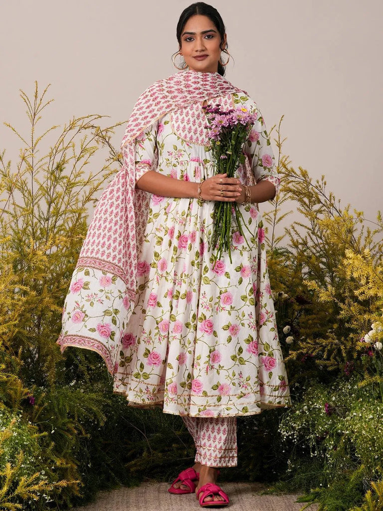 Libas Off White Printed Cotton Anarkali Suit With Dupatta