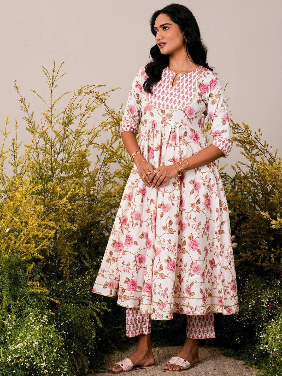 Off White Printed Cotton Anarkali Suit With Dupatta - Libas 