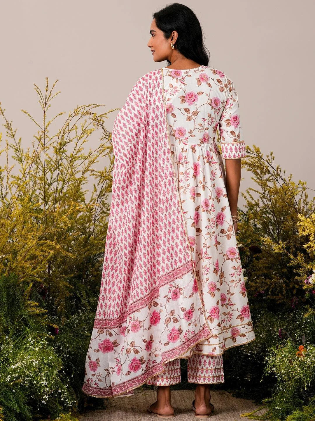 Off White Printed Cotton Anarkali Suit With Dupatta - Libas