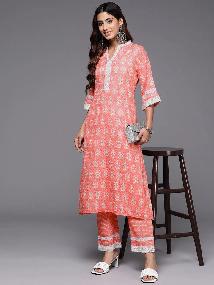 Peach Printed Cotton Blend A-Line Kurta With Trousers - Libas