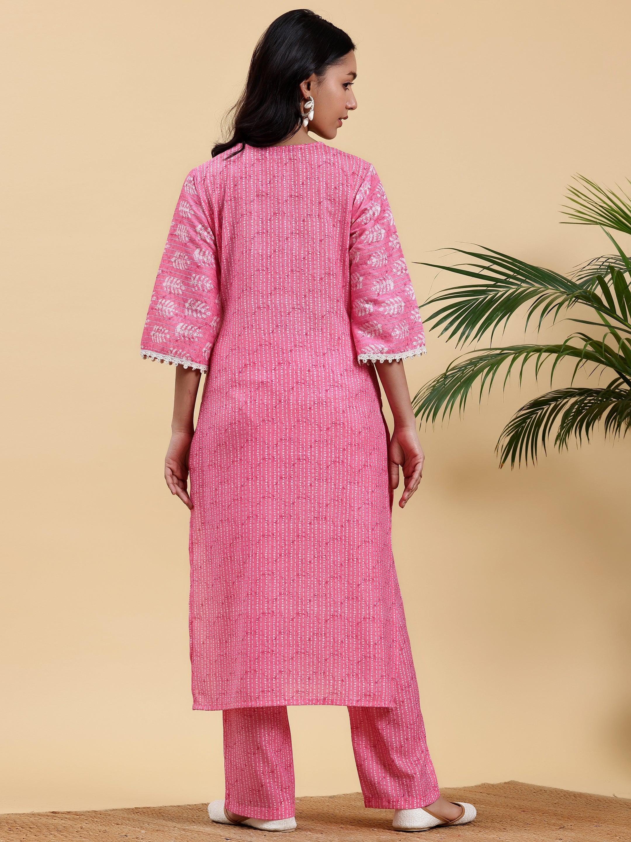 Pink Printed Cotton Straight Kurta Set