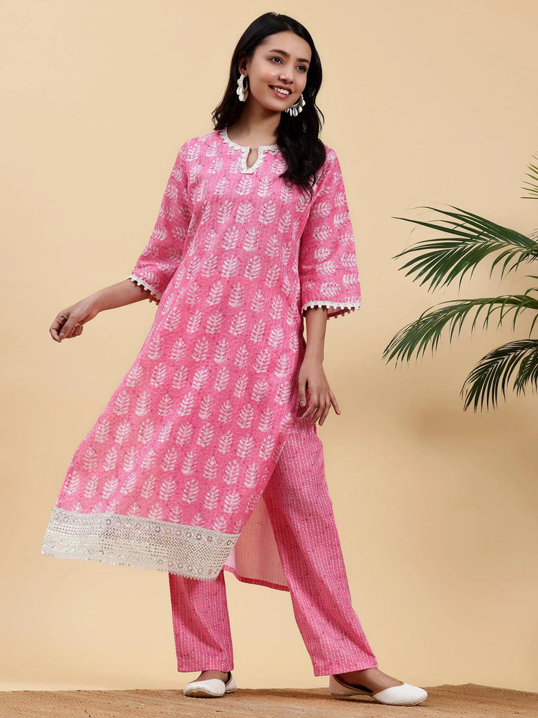 Libas Pink Printed Cotton Straight Kurta Set