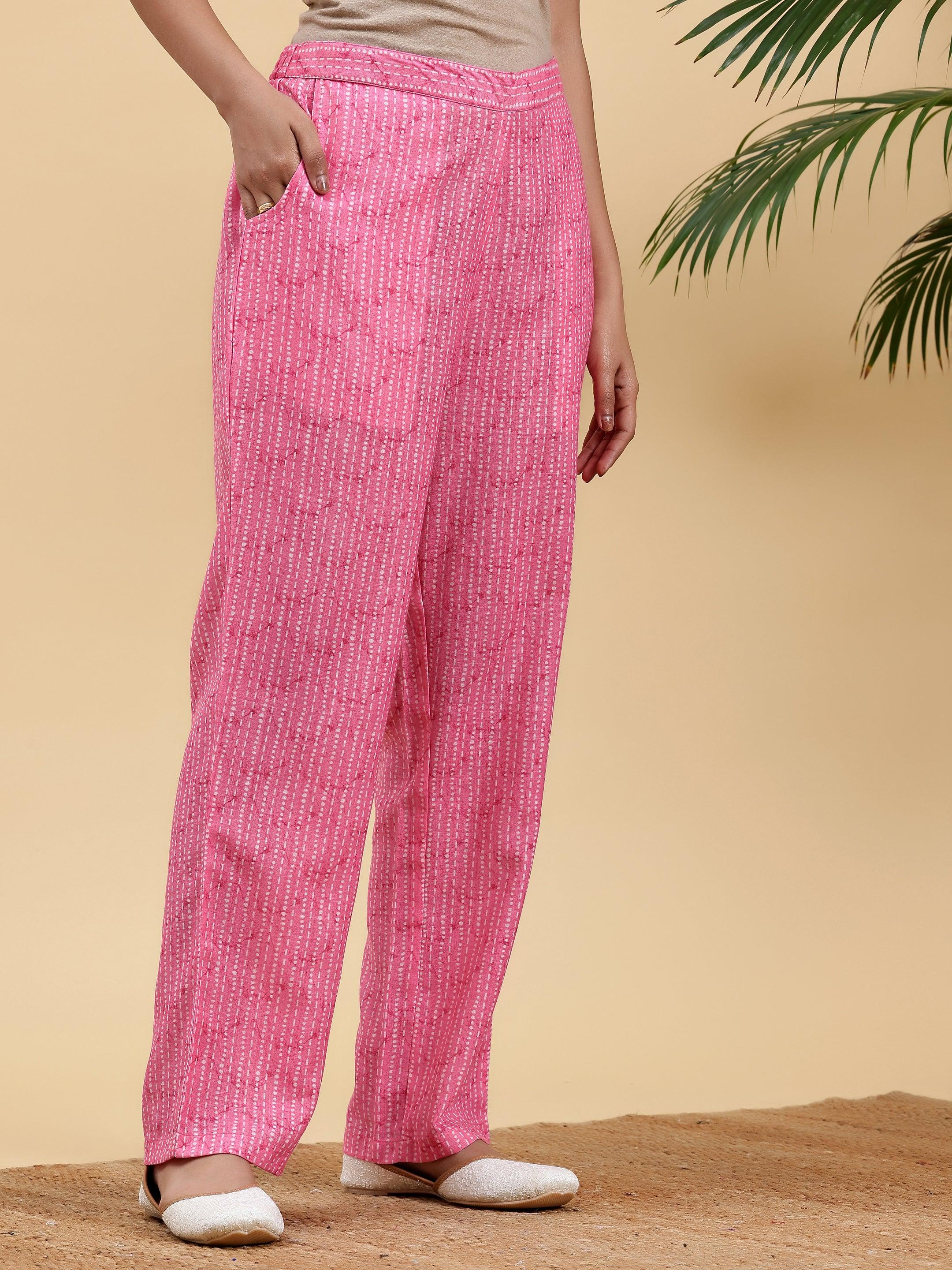 Pink Printed Cotton Straight Kurta Set