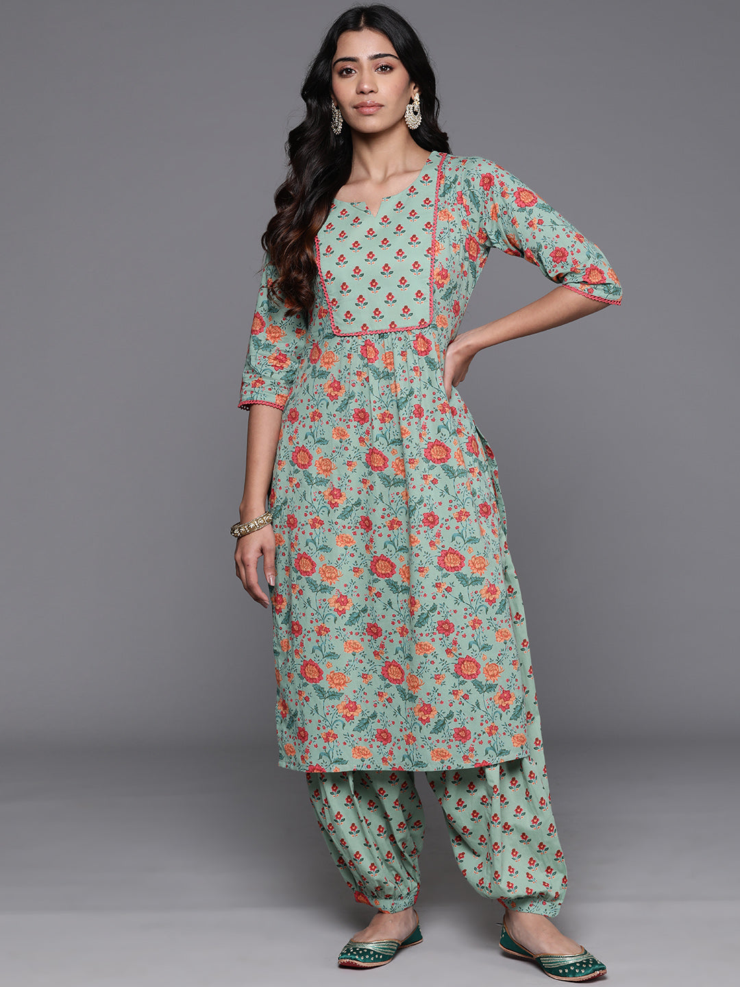 Green Printed Cotton Straight Kurta Set
