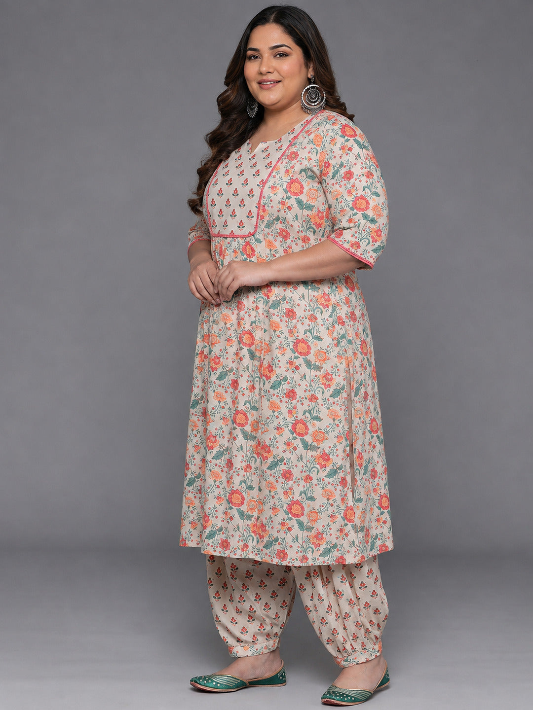  Plus Size Beige Printed Cotton Straight Kurta Set 