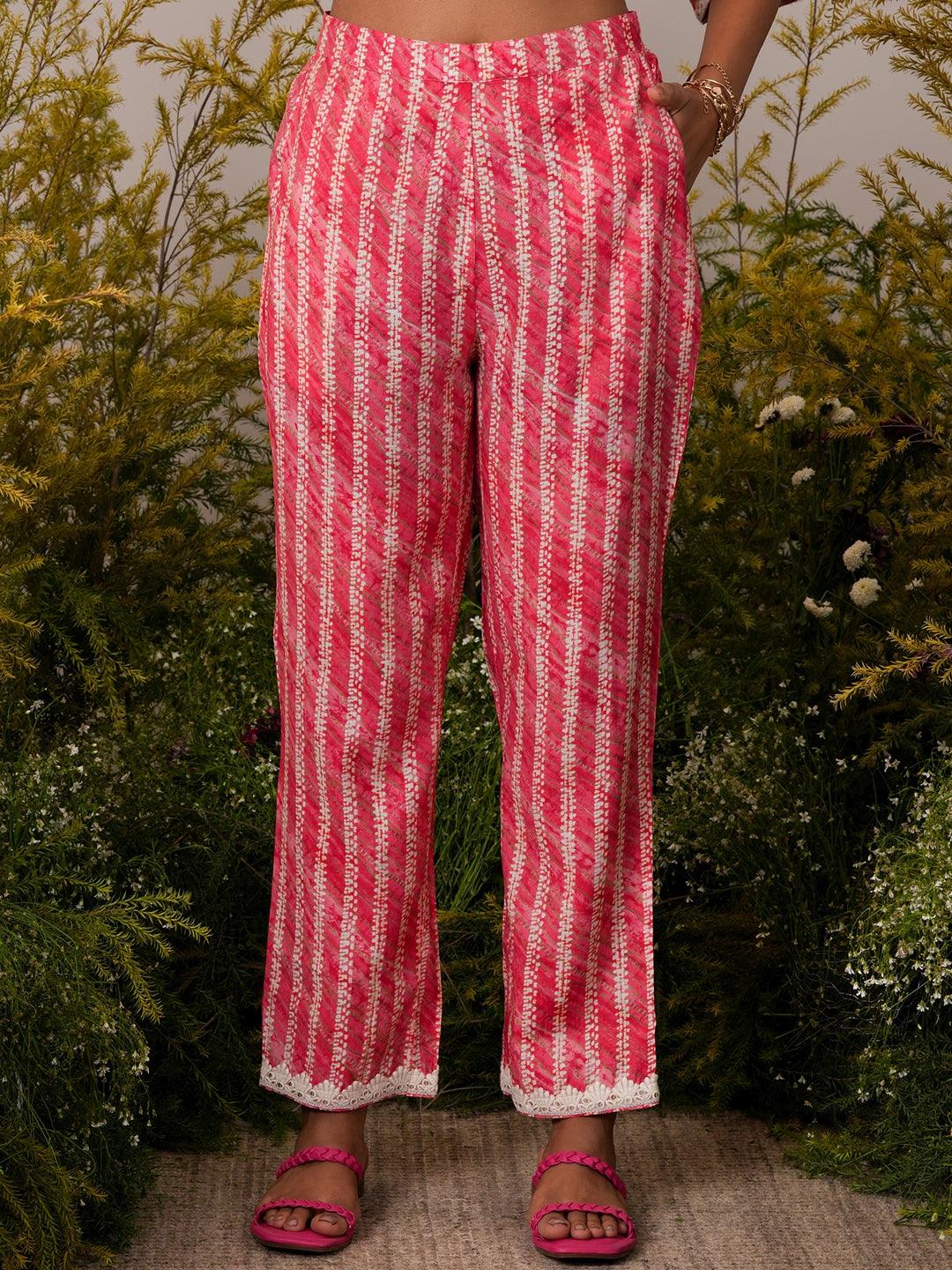 Peach Printed Silk Blend A-Line Kurta With Trousers - Libas