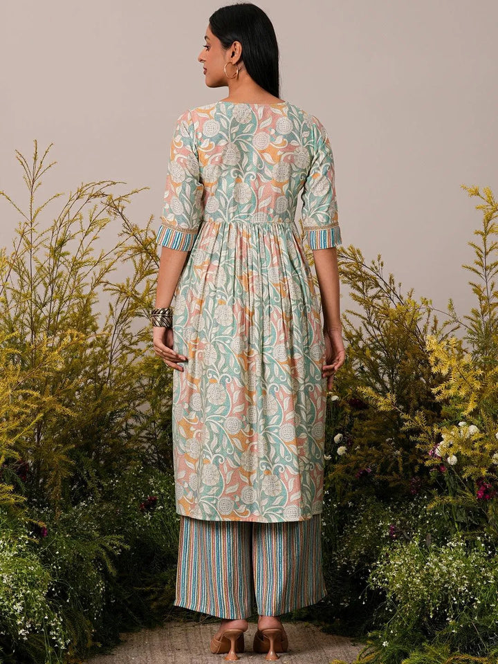 Beige Printed Silk Blend Anarkali Kurta Set - Libas