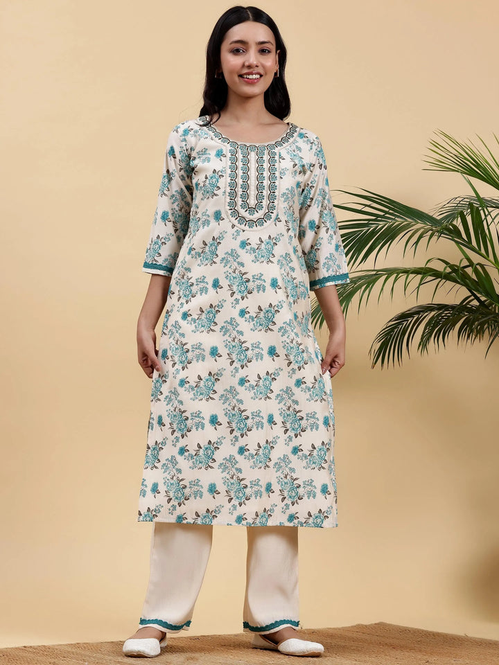 Beige Printed Chanderi Silk Straight Kurta Set - Libas