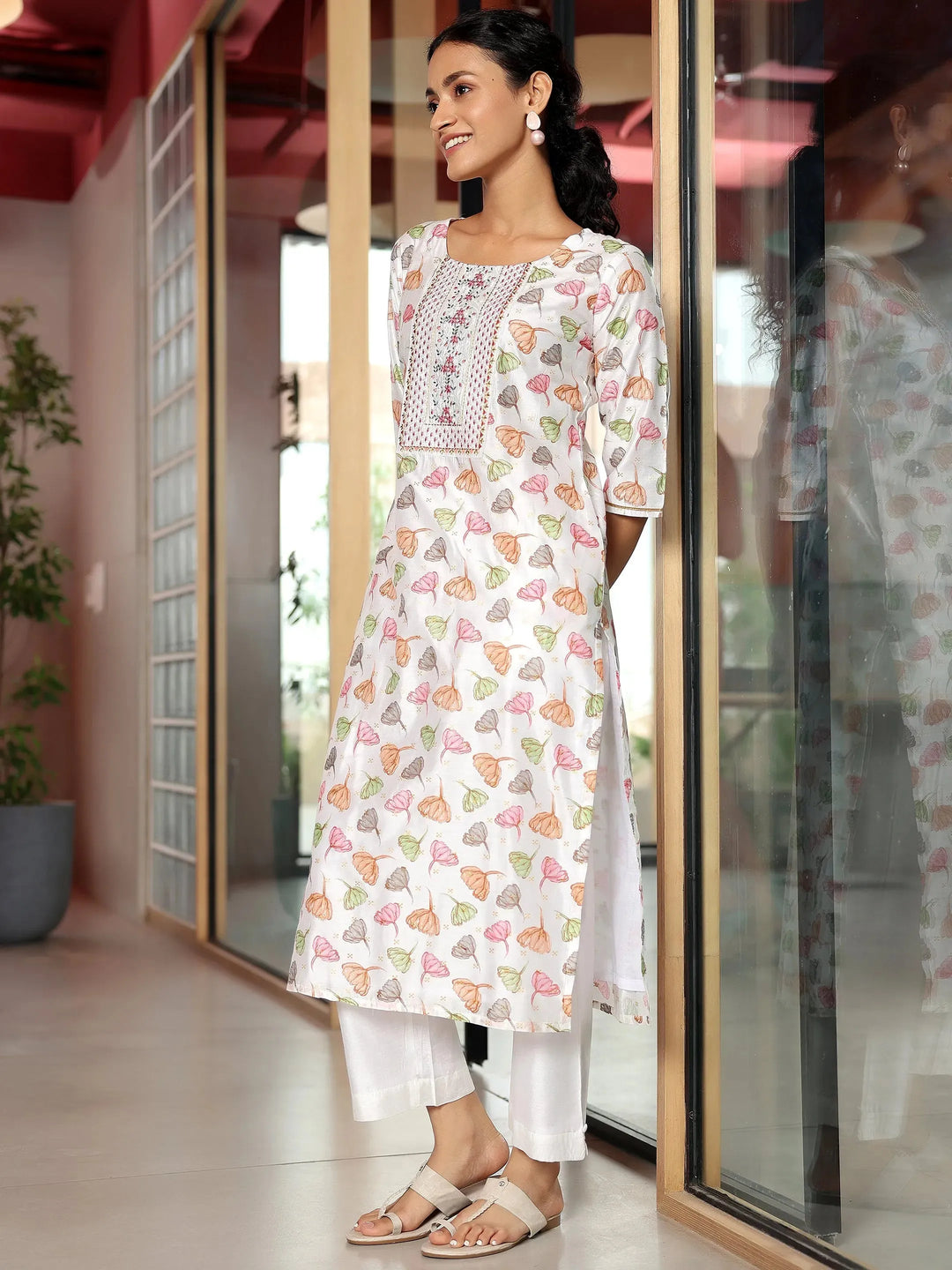  White Printed Silk Blend Straight Kurta Set 