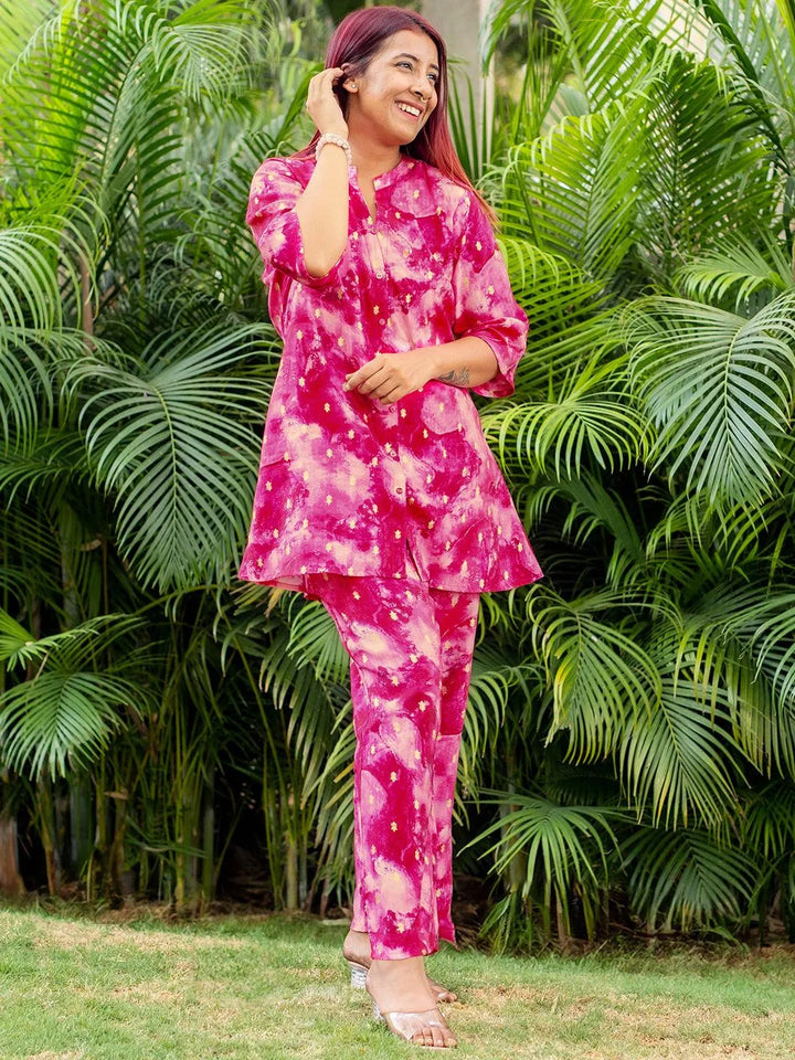 Pink Printed Silk Blend Co-Ords - Libas