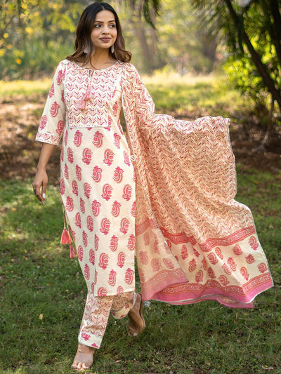 Cream Printed Cotton Straight Suit With Dupatta - Libas