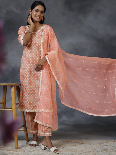 Rust Printed Cotton Straight Suit With Dupatta - Libas