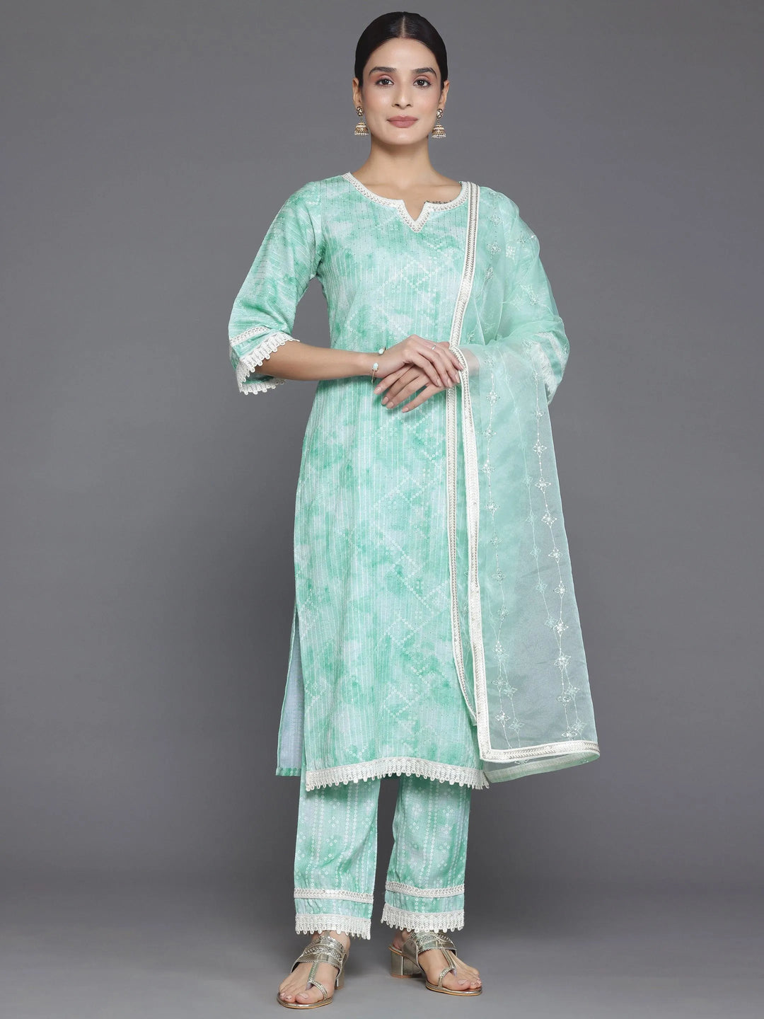Green Printed Cotton Straight Suit With Dupatta - Libas 