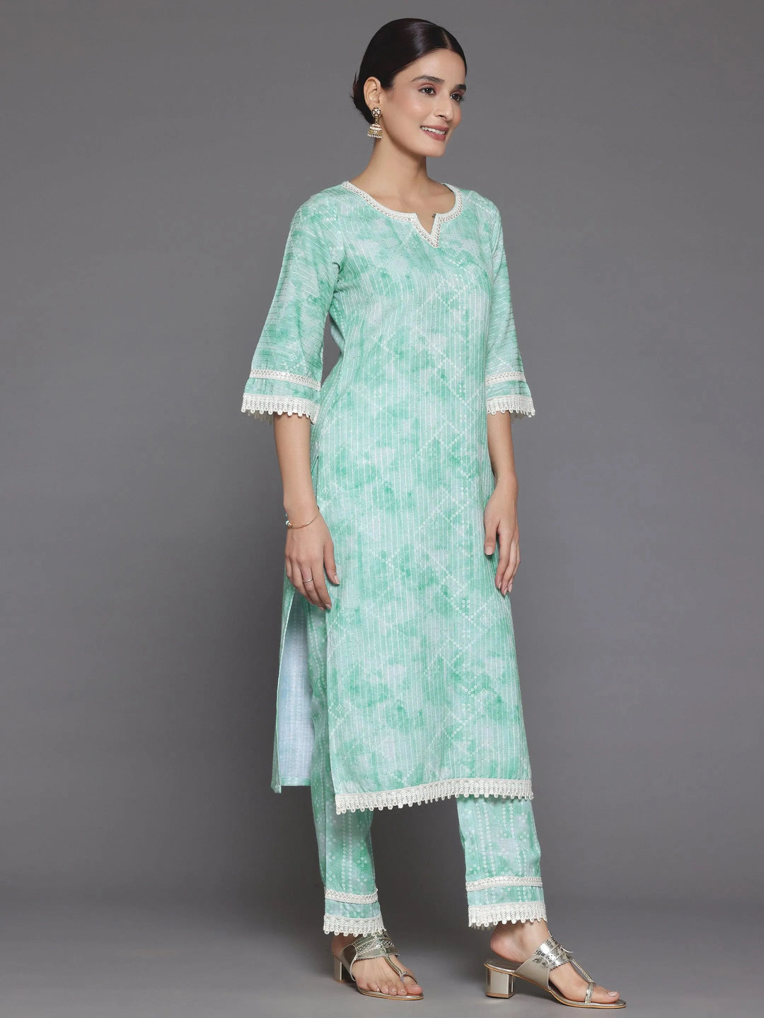 Green Printed Cotton Straight Suit With Dupatta - Libas 