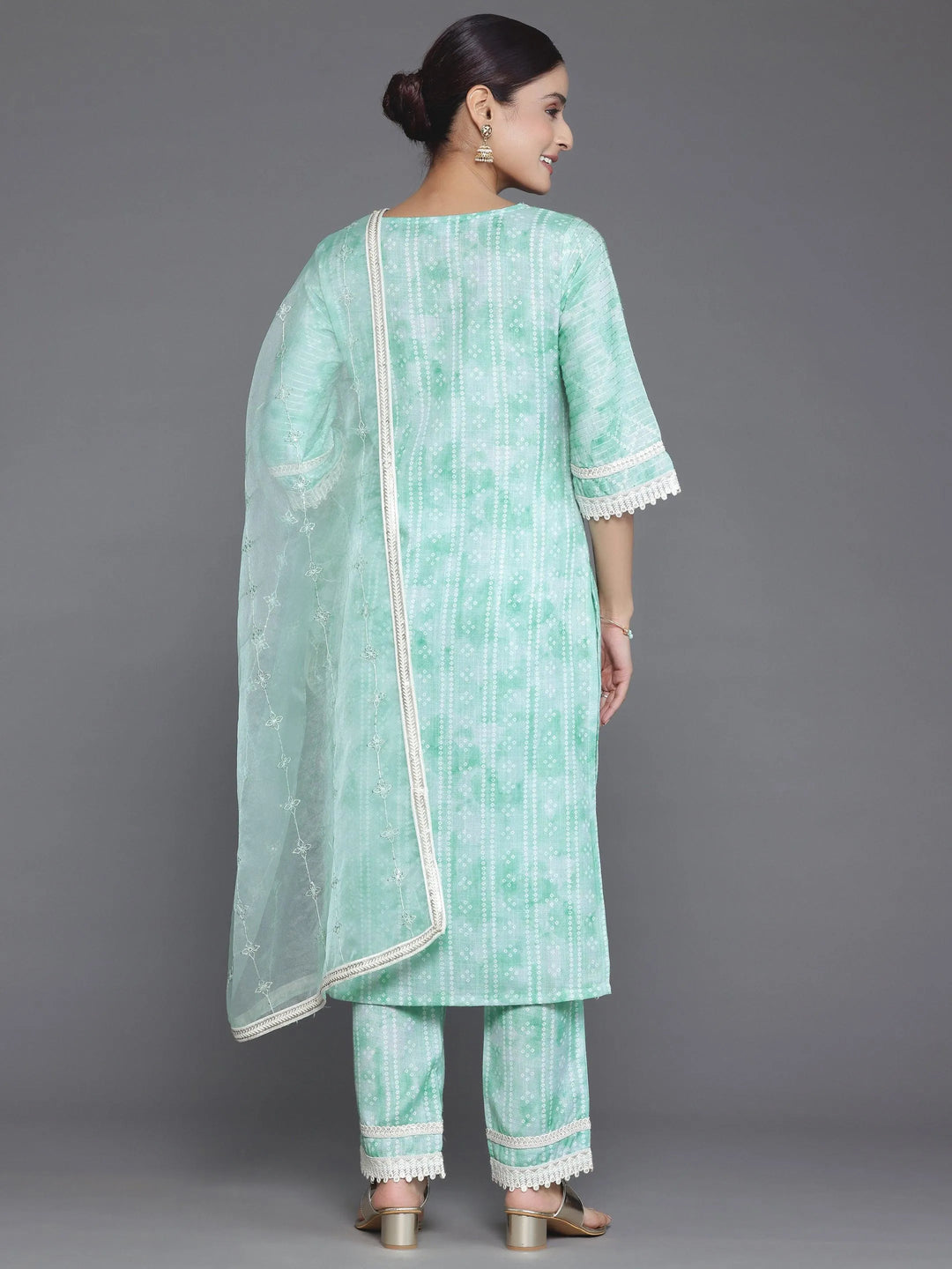 Green Printed Cotton Straight Suit With Dupatta - Libas 