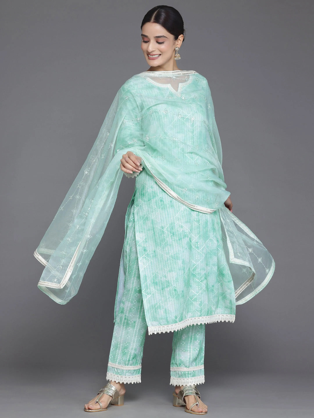 Green Printed Cotton Straight Suit With Dupatta - Libas 