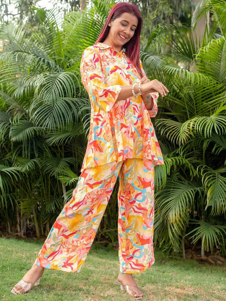 Multicoloured Printed Silk Blend Co-Ords - Libas