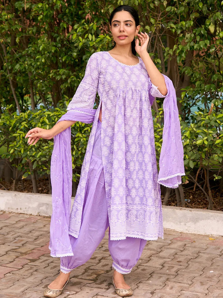 Libas Purple Embroidered Cotton A-Line Kurta With Salwar & Dupatta