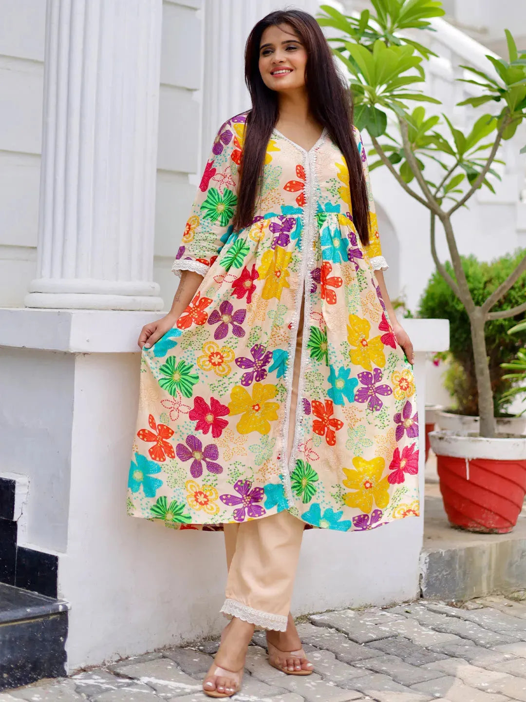  Beige Printed Silk Blend A-Line Kurta With Palazzos 