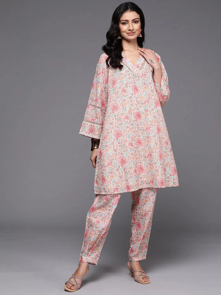 Beige Printed Cotton Straight Kurta Set - Libas