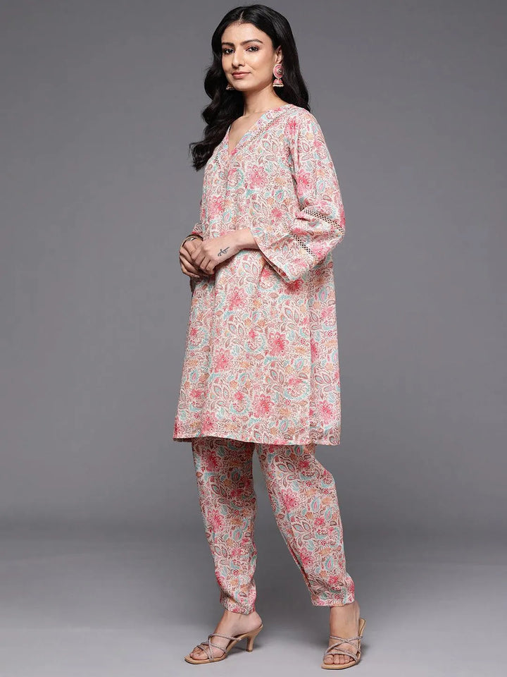 Beige Printed Cotton Straight Kurta Set - Libas