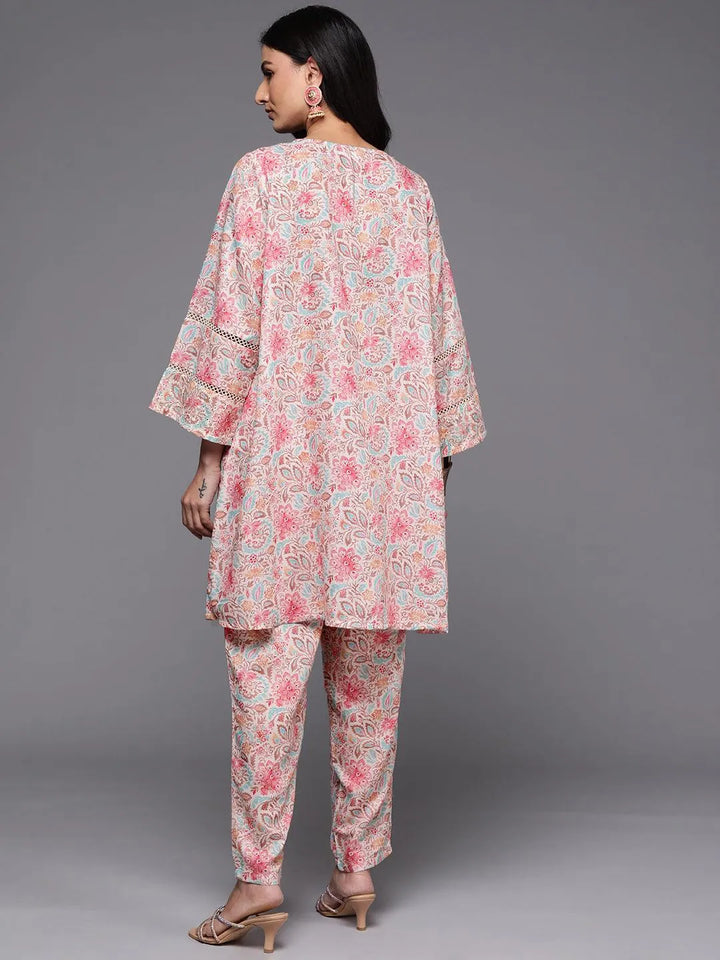 Beige Printed Cotton Straight Kurta Set - Libas