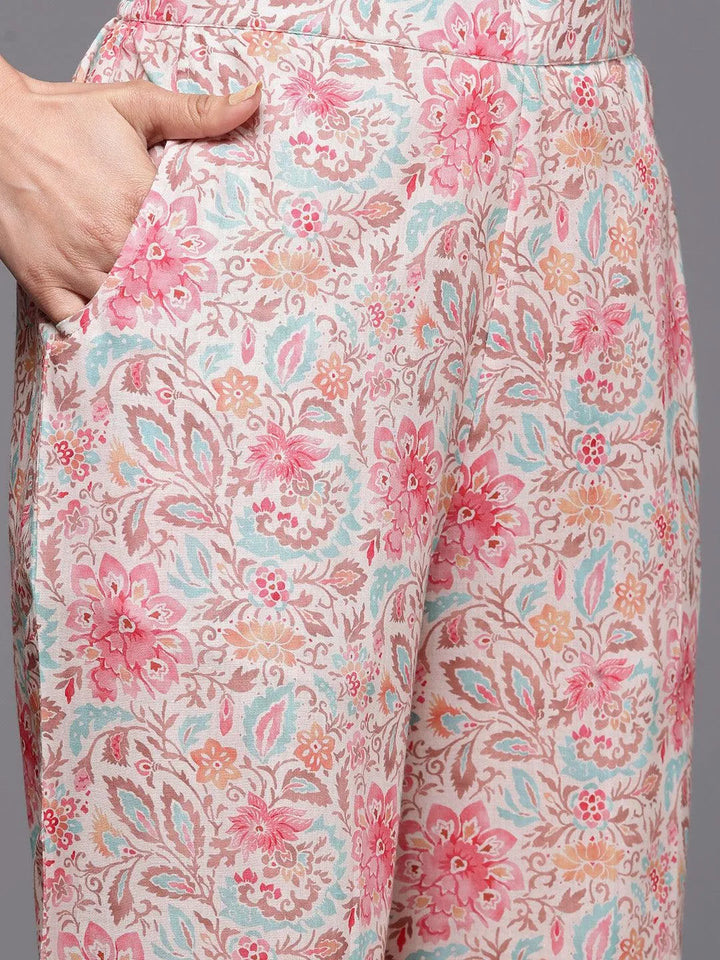Beige Printed Cotton Straight Kurta Set - Libas