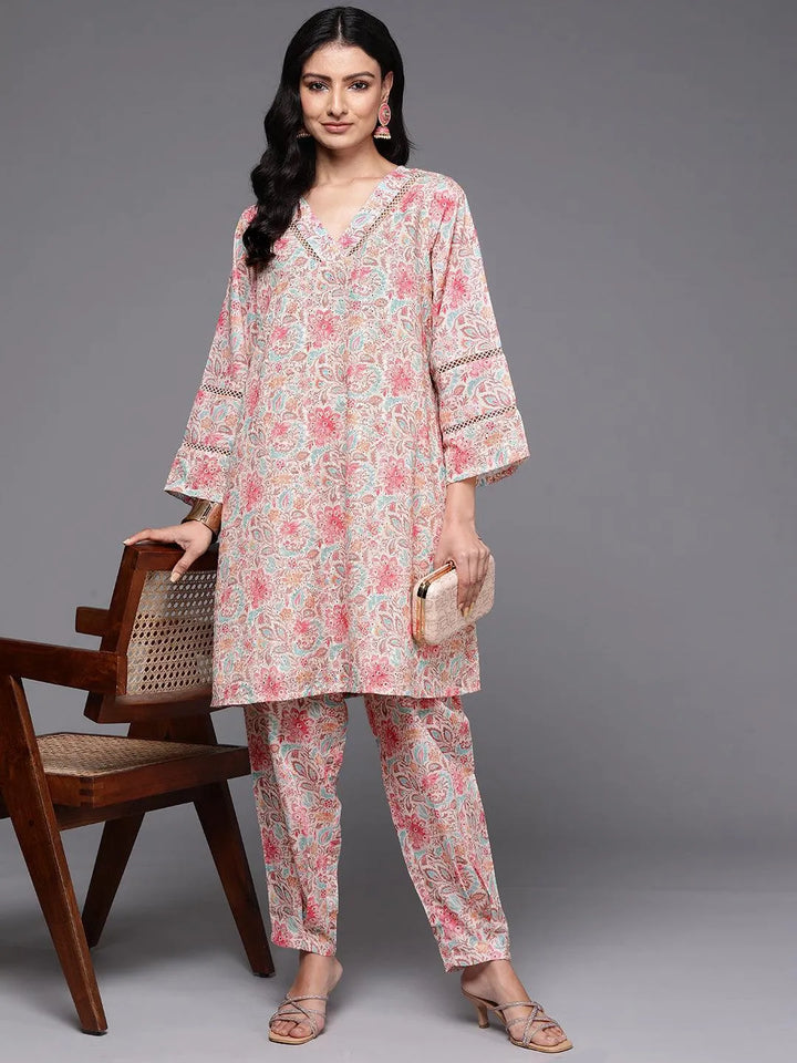 Beige Printed Cotton Straight Kurta Set - Libas