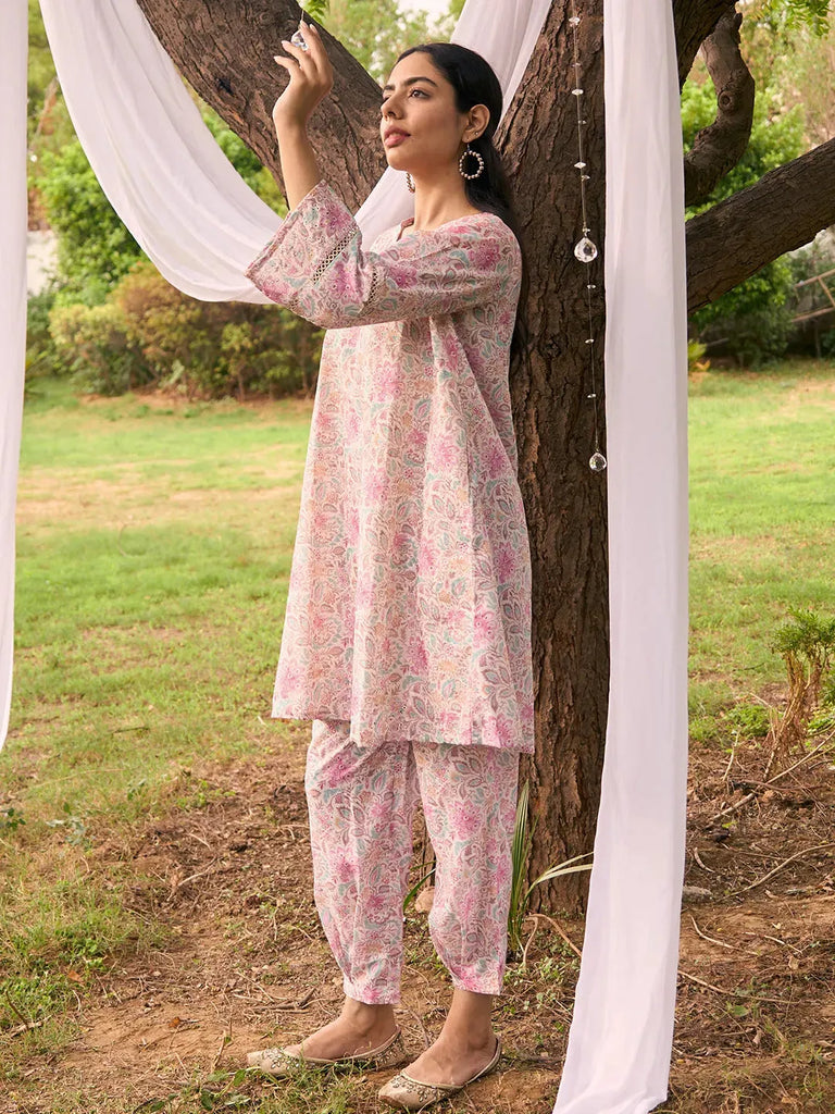 Libas Beige Printed Cotton Straight Kurta Set