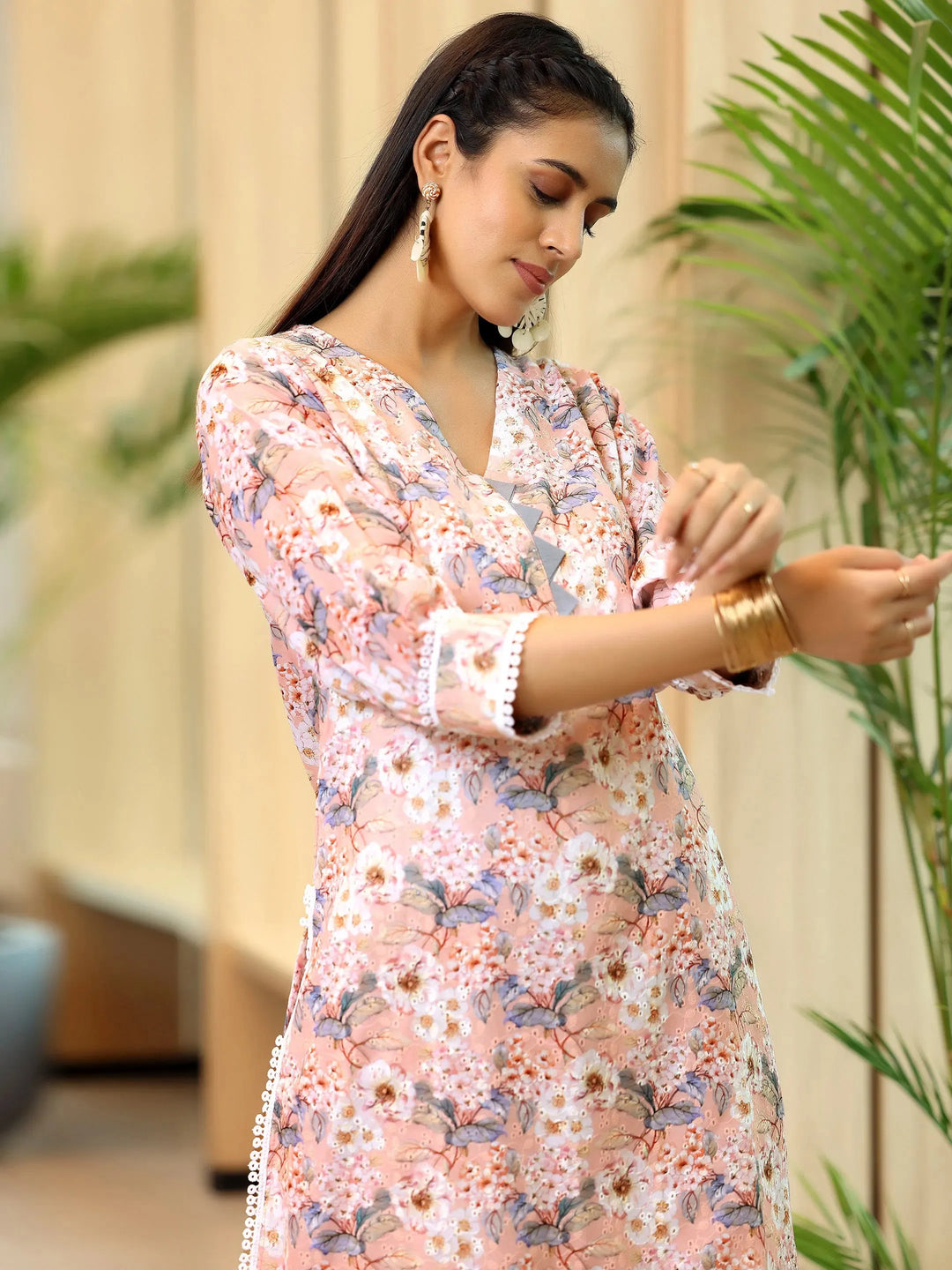  Peach Printed Cotton Straight Kurta Set 