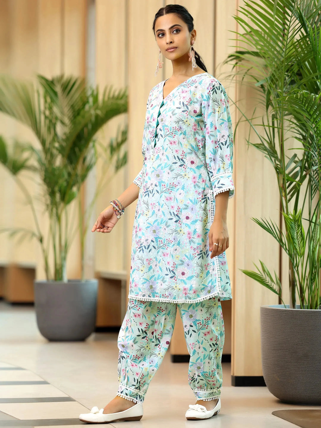  Blue Printed Cotton Straight Kurta Set 