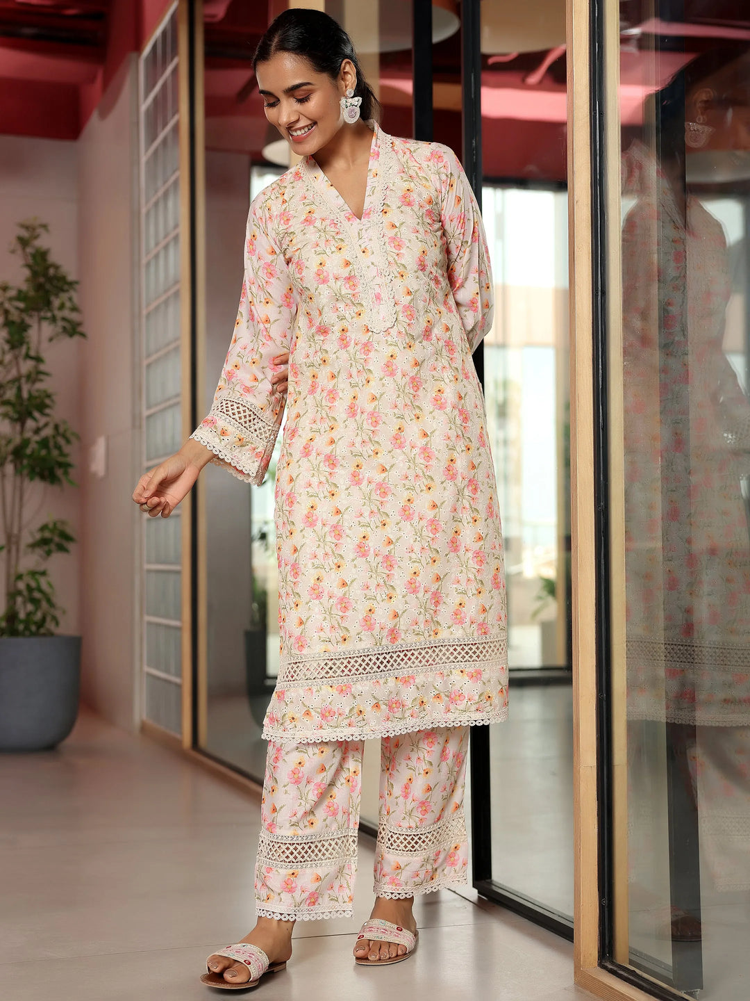  Beige Printed Cotton A-Line Kurta With Palazzos 