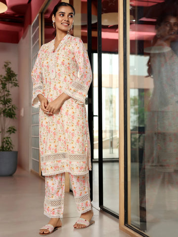 Beige Printed Cotton A-Line Kurta With Palazzos