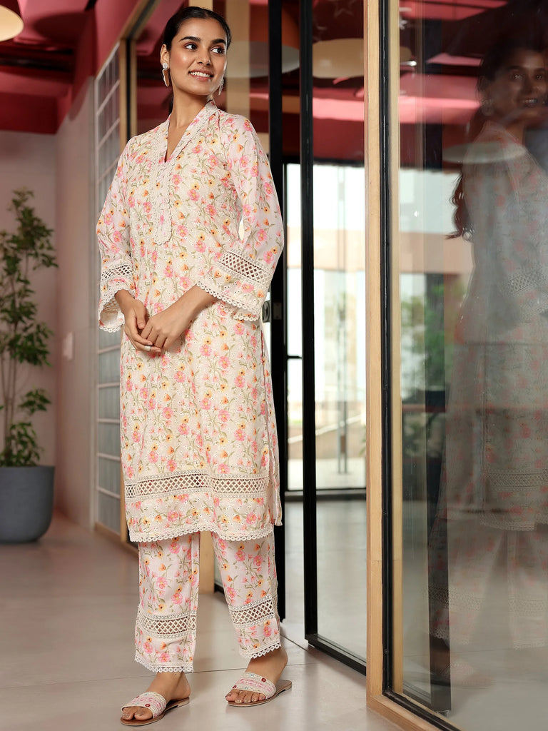 Gerua Beige Printed Cotton Blend A-Line Kurta With Palazzos