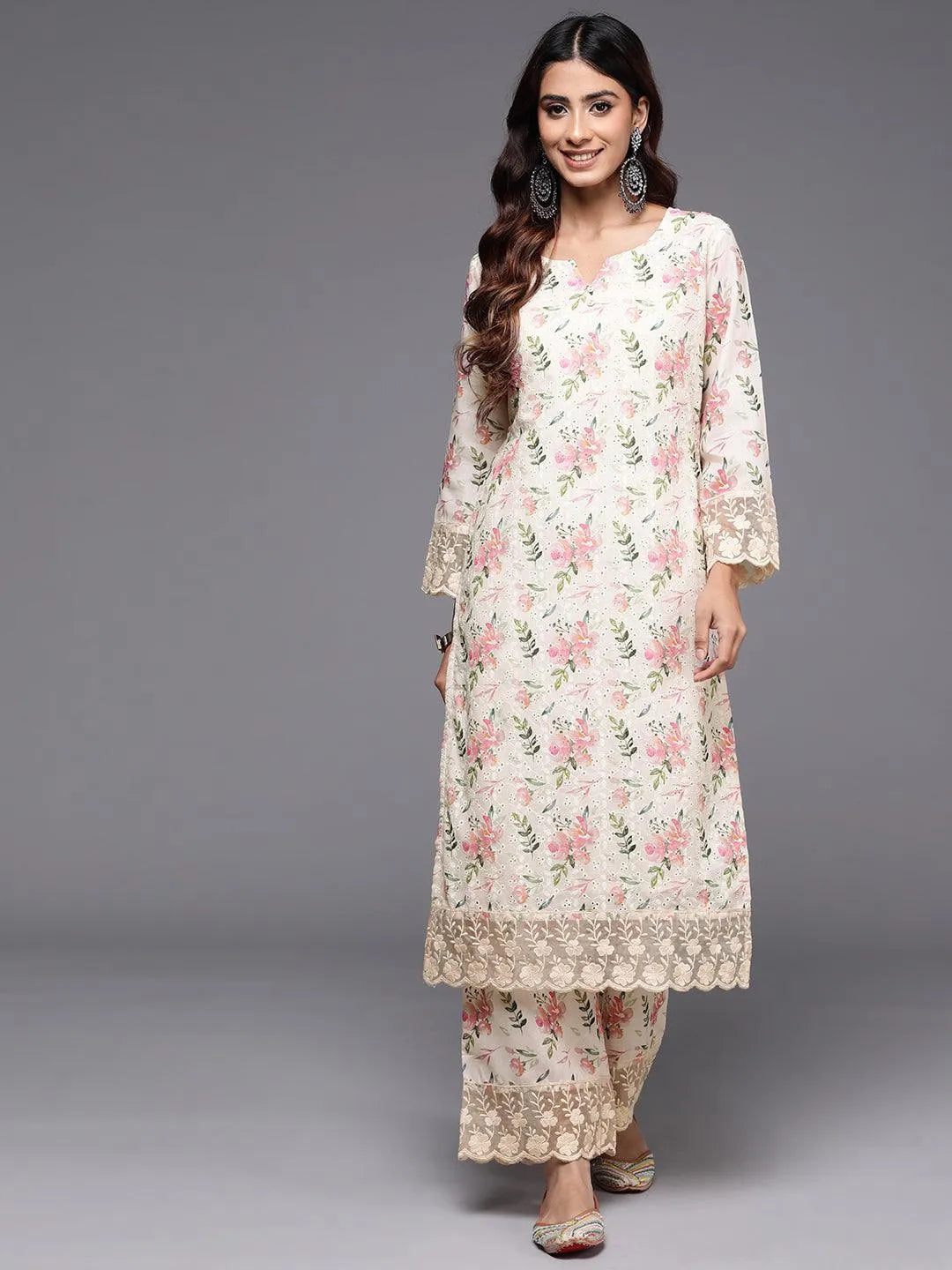 Beige Printed Cotton Straight Kurta Set - Libas