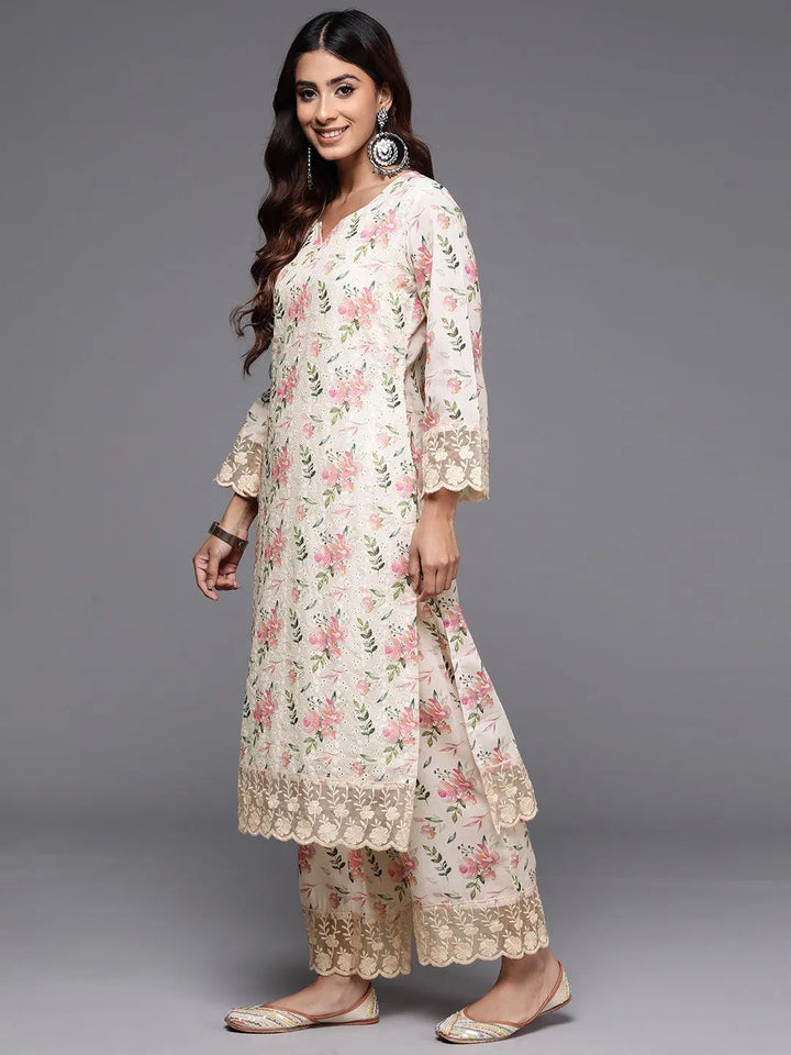 Beige Printed Cotton Straight Kurta Set - Libas