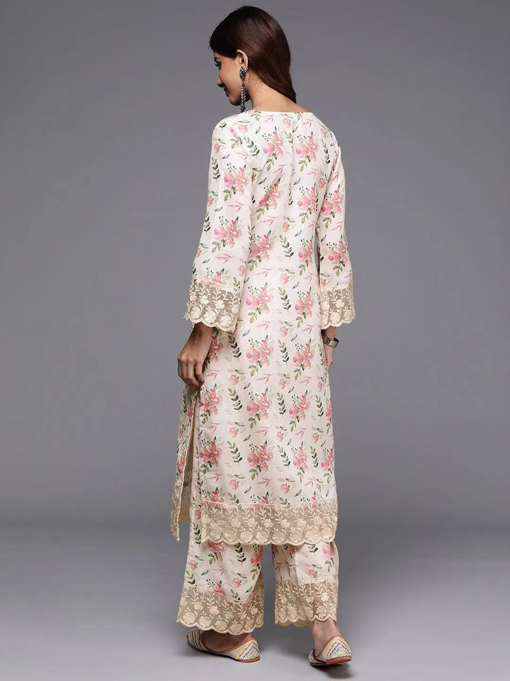 Beige Printed Cotton Straight Kurta Set - Libas