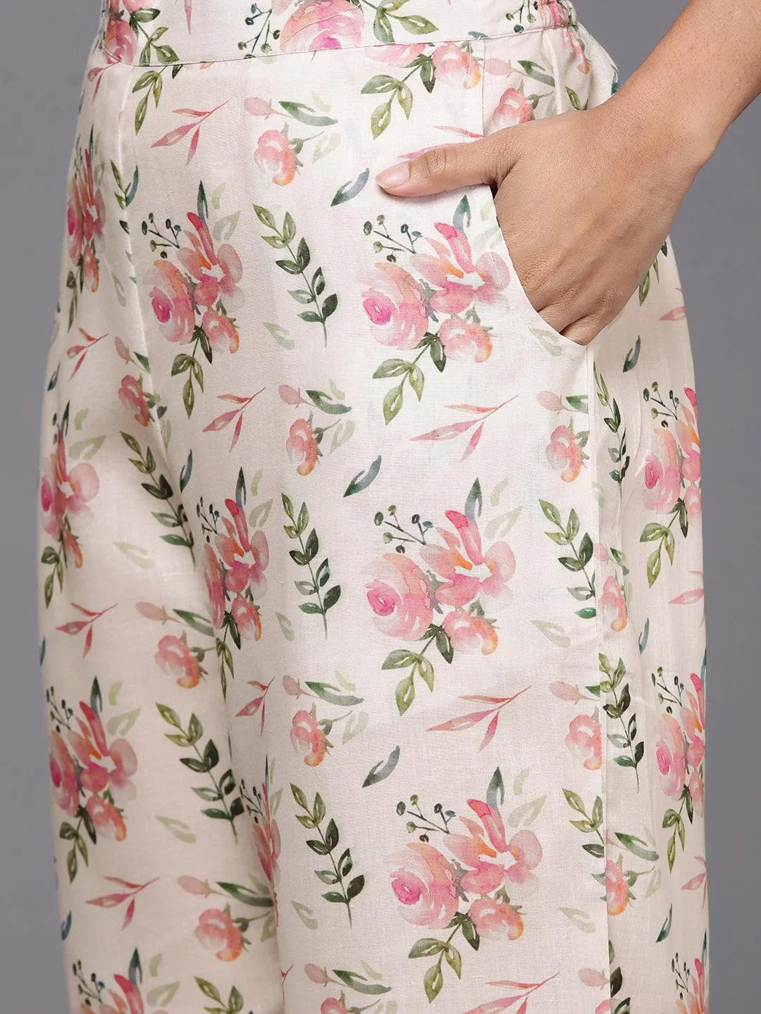 Beige Printed Cotton Straight Kurta Set - Libas 