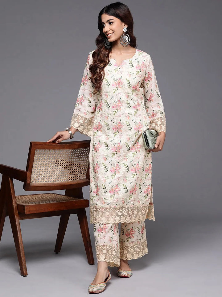 Beige Printed Cotton Straight Kurta Set - Libas