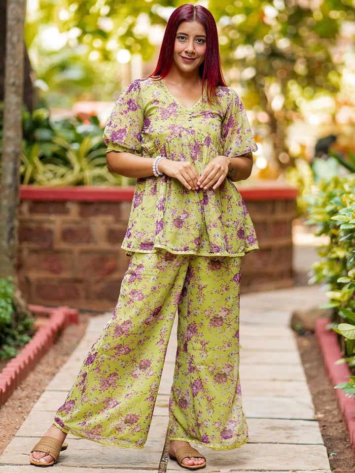 Green Printed Georgette Co-Ords - Libas