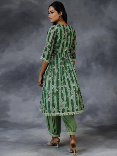 Green Printed Georgette A-Line Kurta With Salwar - Libas
