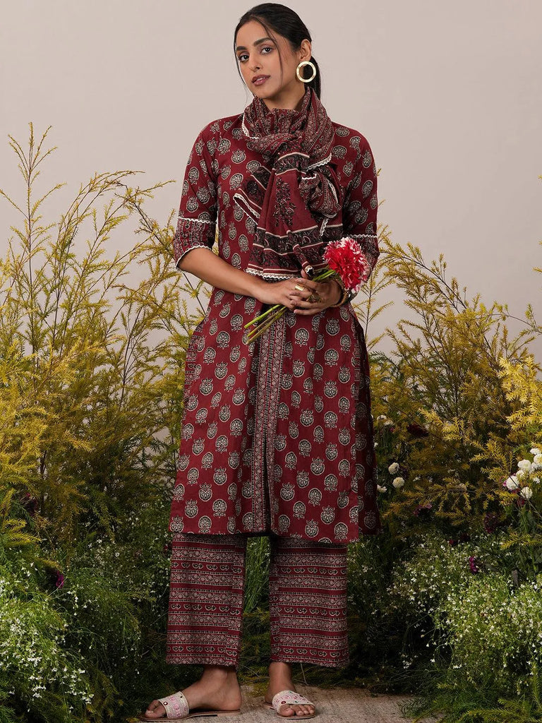 Libas Maroon Printed Cotton Straight Suit With Dupatta
