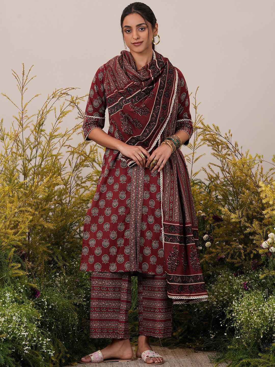 Maroon Printed Cotton Straight Suit With Dupatta - Libas